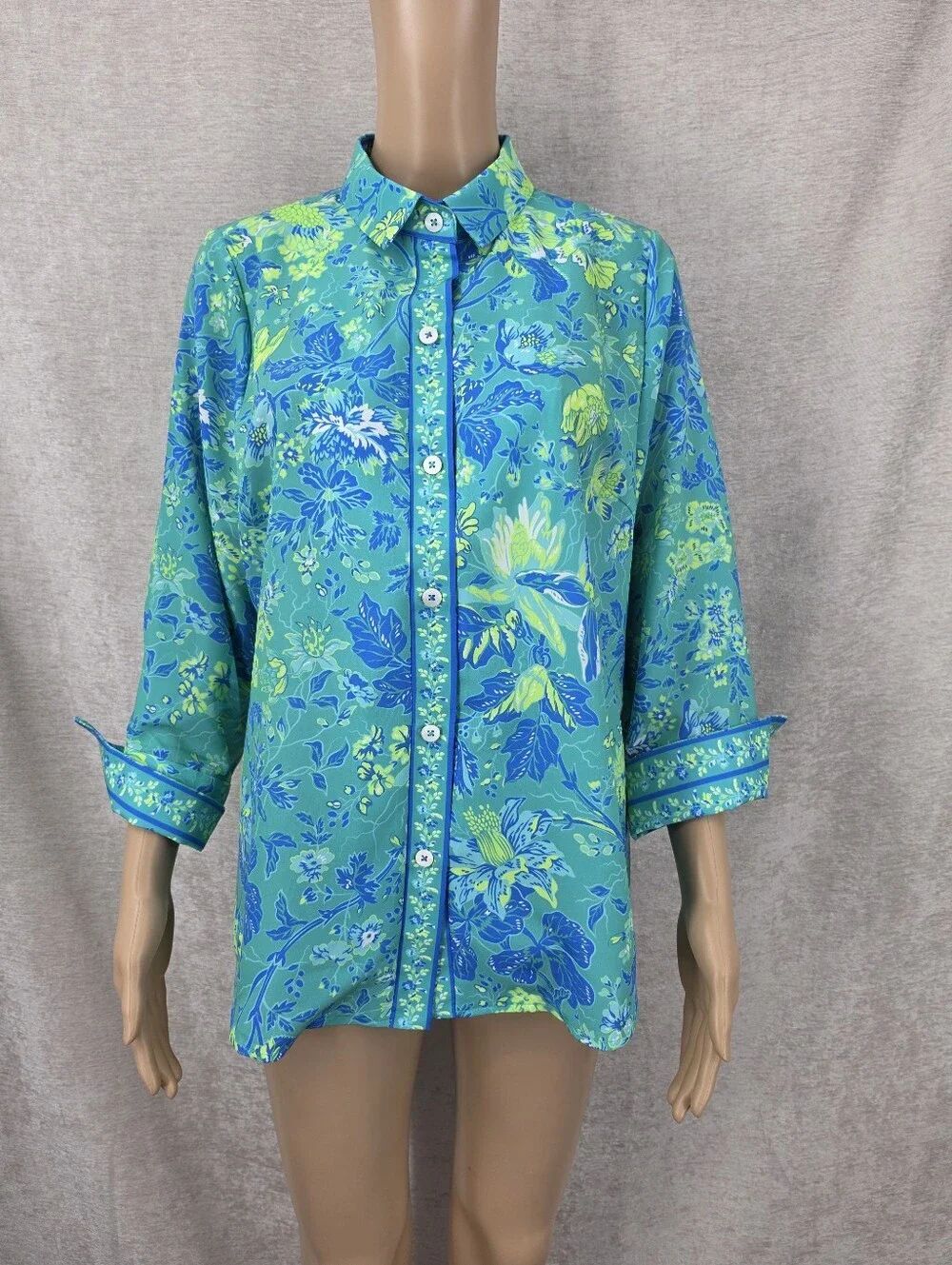 Gretchen Scott Boyfriend Shirt English Garden in Turquoise NWT NEW Size Large